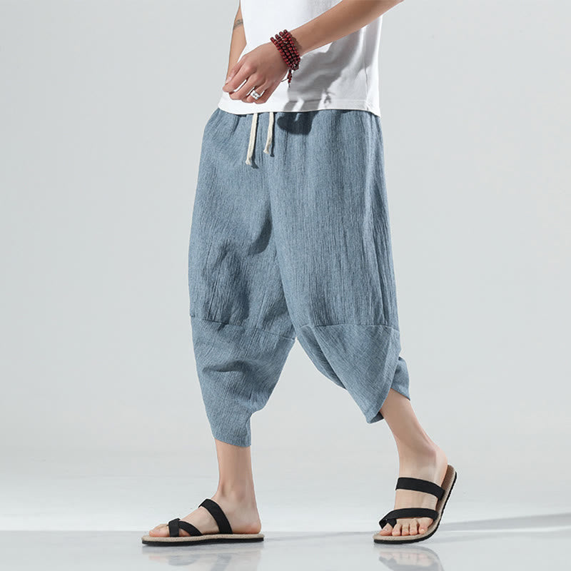Buddha Stones Schlichtes, schlichtes Design, Kordelzug, 7–8 Länge, Leinen-Haremshose für Herren mit Taschen