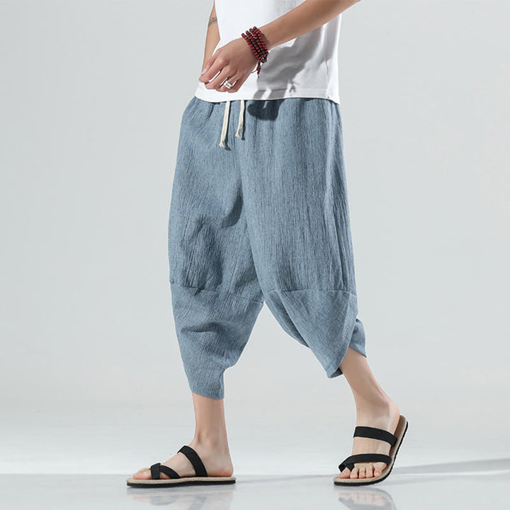 Buddha Stones Schlichtes, schlichtes Design, Kordelzug, 7–8 Länge, Leinen-Haremshose für Herren mit Taschen
