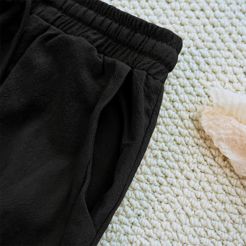 Buddha Stones Sommer-Hose aus schlichtem Patchwork-Design mit Kordelzug aus Baumwolle und Leinen für Damen mit Taschen