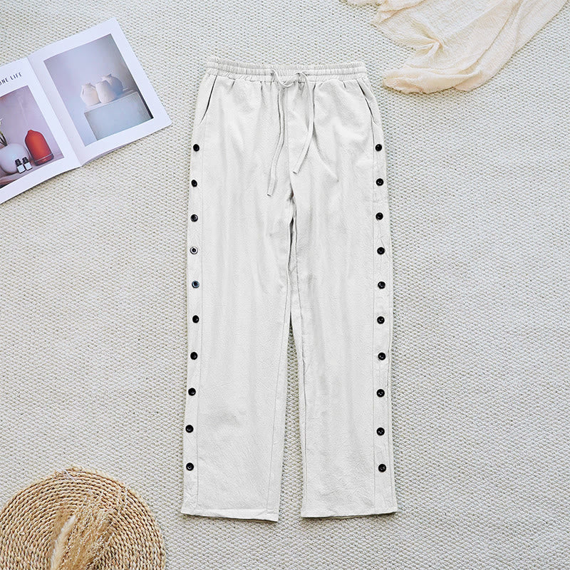 Buddha Stones Sommer-Hose aus schlichtem Patchwork-Design mit Kordelzug aus Baumwolle und Leinen für Damen mit Taschen