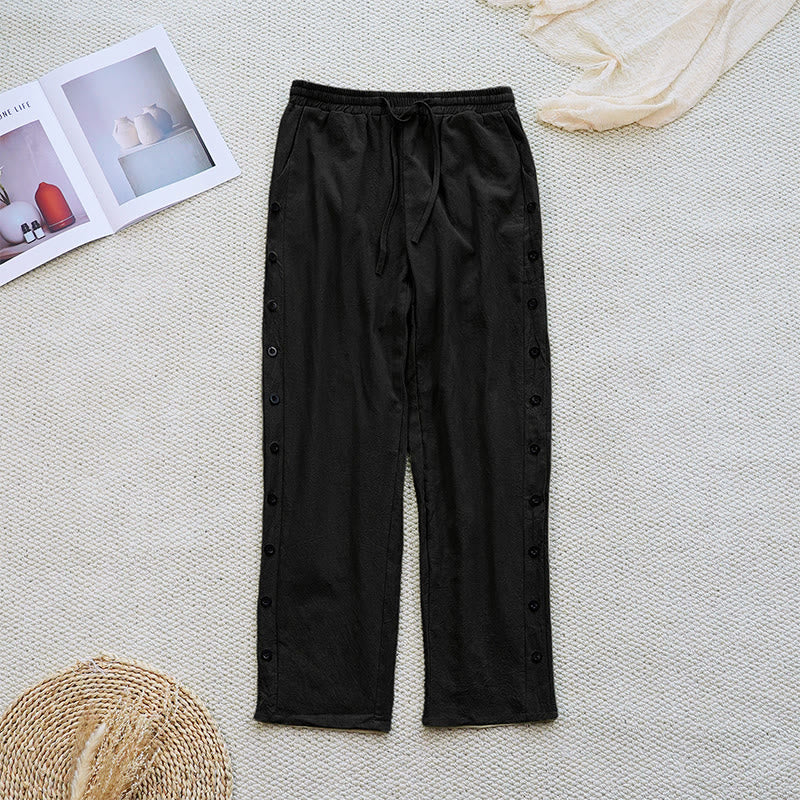 Buddha Stones Sommer-Hose aus schlichtem Patchwork-Design mit Kordelzug aus Baumwolle und Leinen für Damen mit Taschen
