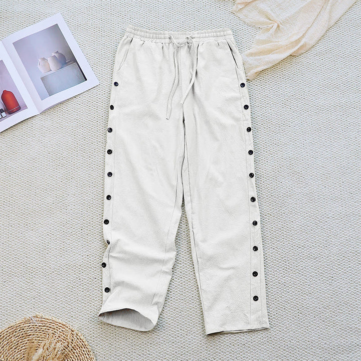 Buddha Stones Sommer-Hose aus schlichtem Patchwork-Design mit Kordelzug aus Baumwolle und Leinen für Damen mit Taschen