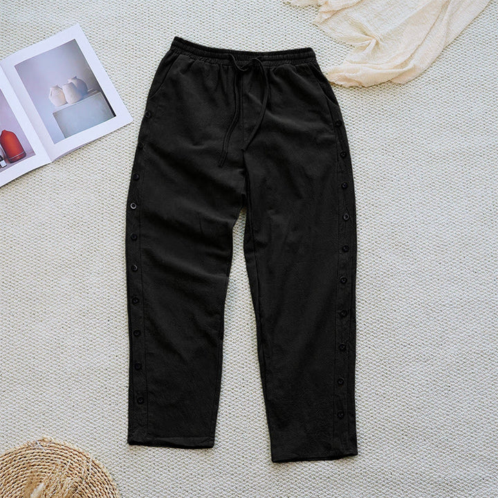 Buddha Stones Sommer-Hose aus schlichtem Patchwork-Design mit Kordelzug aus Baumwolle und Leinen für Damen mit Taschen