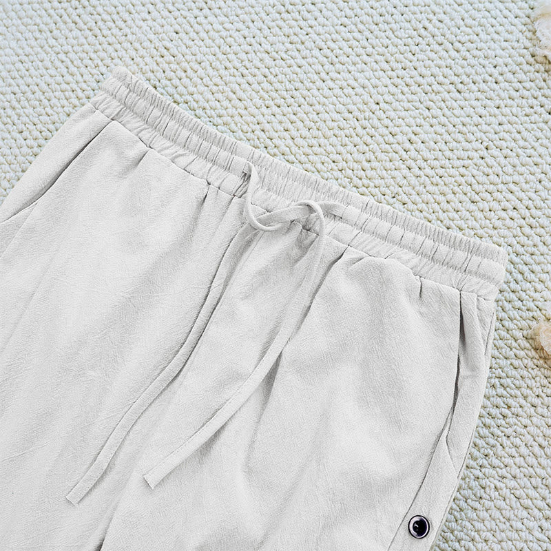 Buddha Stones Sommer-Hose aus schlichtem Patchwork-Design mit Kordelzug aus Baumwolle und Leinen für Damen mit Taschen - image 4