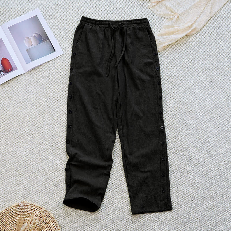 Buddha Stones Sommer-Hose aus schlichtem Patchwork-Design mit Kordelzug aus Baumwolle und Leinen für Damen mit Taschen - Schwarz - US12, UK/AU16, EU44 (2XL) - image 8