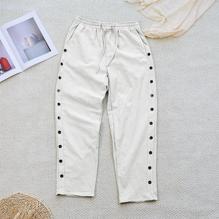 Buddha Stones Sommer-Hose aus schlichtem Patchwork-Design mit Kordelzug aus Baumwolle und Leinen für Damen mit Taschen