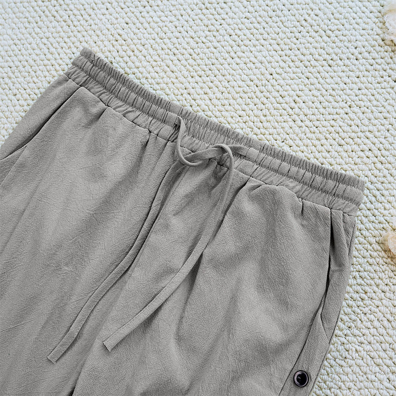 Buddha Stones Sommer-Hose aus schlichtem Patchwork-Design mit Kordelzug aus Baumwolle und Leinen für Damen mit Taschen