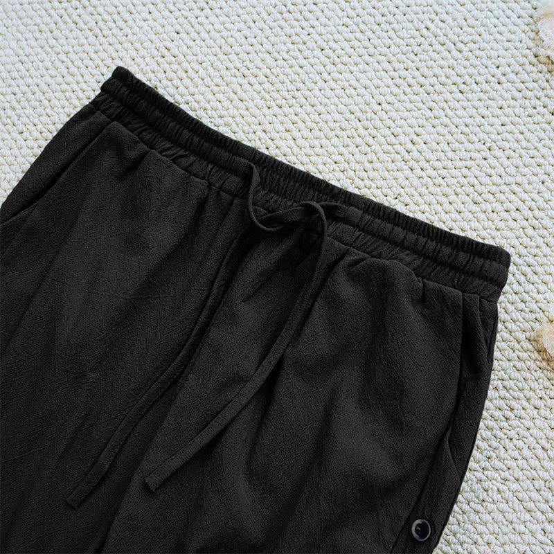 Buddha Stones Sommer-Hose aus schlichtem Patchwork-Design mit Kordelzug aus Baumwolle und Leinen für Damen mit Taschen