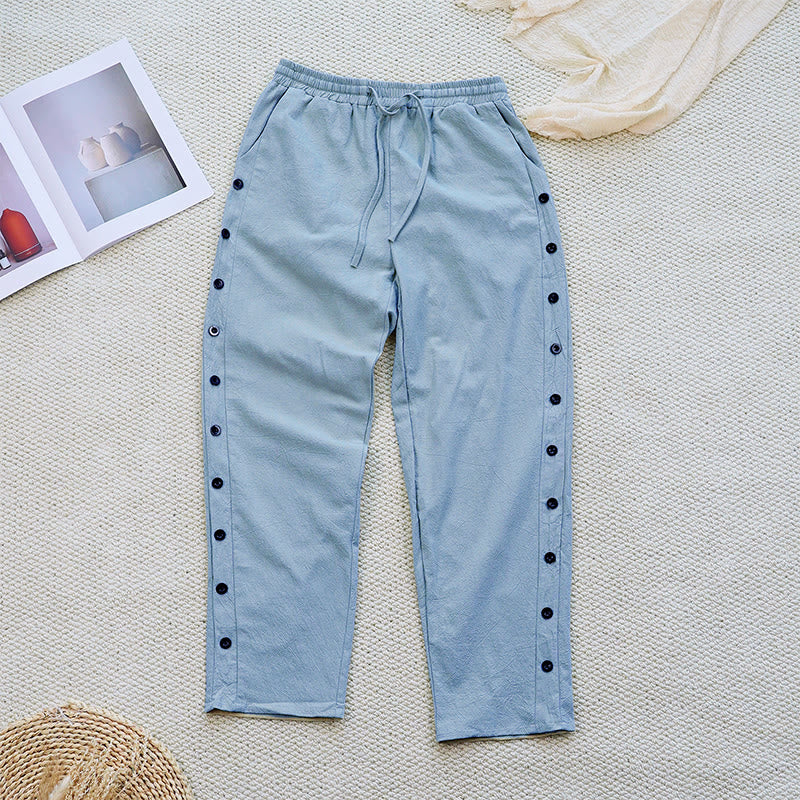 Buddha Stones Sommer-Hose aus schlichtem Patchwork-Design mit Kordelzug aus Baumwolle und Leinen für Damen mit Taschen