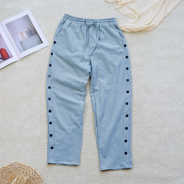 Buddha Stones Sommer-Hose aus schlichtem Patchwork-Design mit Kordelzug aus Baumwolle und Leinen für Damen mit Taschen
