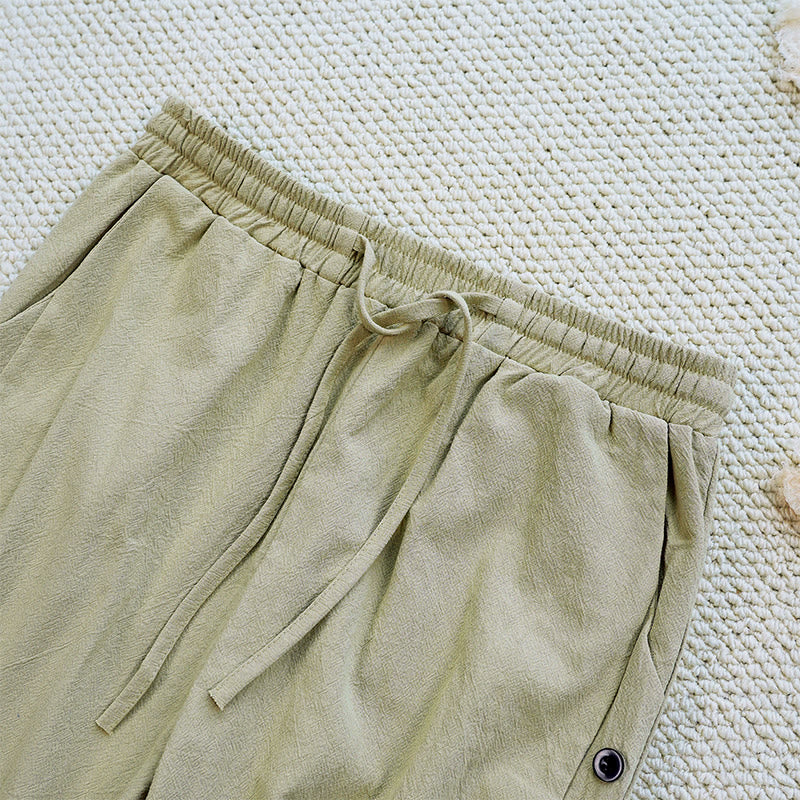 Buddha Stones Sommer-Hose aus schlichtem Patchwork-Design mit Kordelzug aus Baumwolle und Leinen für Damen mit Taschen
