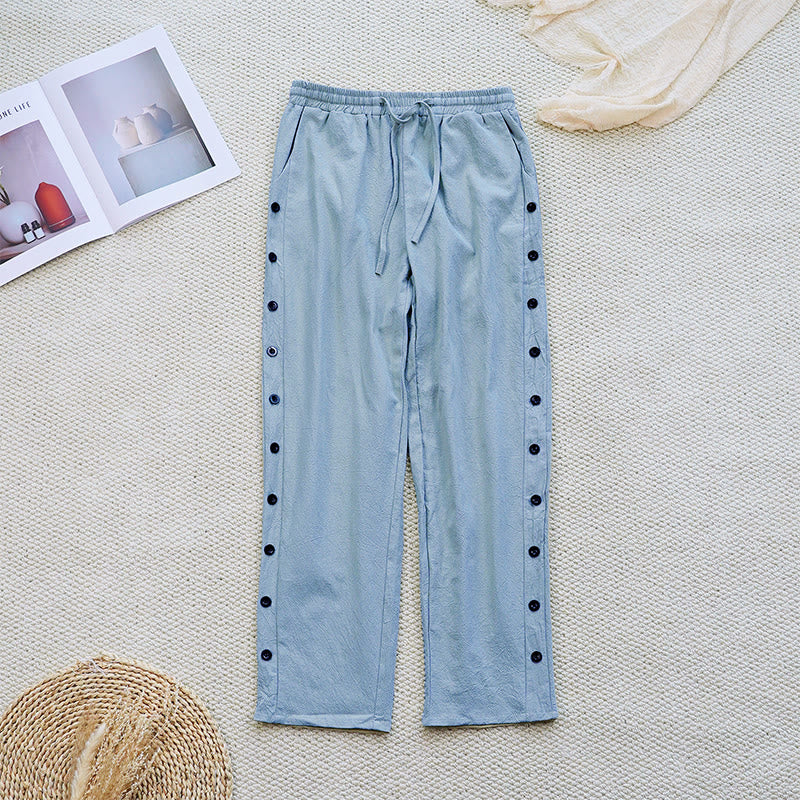 Buddha Stones Sommer-Hose aus schlichtem Patchwork-Design mit Kordelzug aus Baumwolle und Leinen für Damen mit Taschen