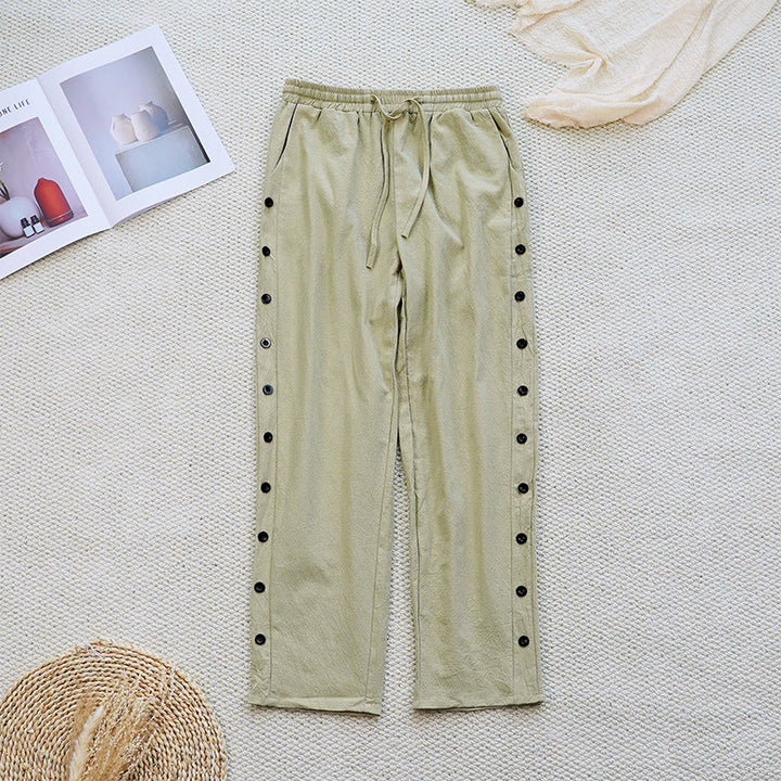 Buddha Stones Sommer-Hose aus schlichtem Patchwork-Design mit Kordelzug aus Baumwolle und Leinen für Damen mit Taschen