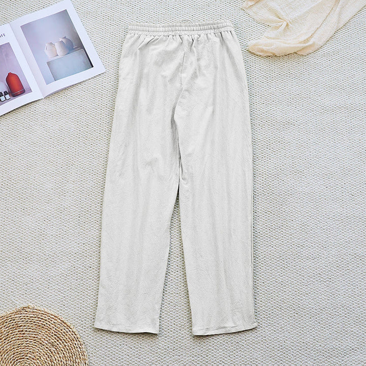 Buddha Stones Sommer-Hose aus schlichtem Patchwork-Design mit Kordelzug aus Baumwolle und Leinen für Damen mit Taschen