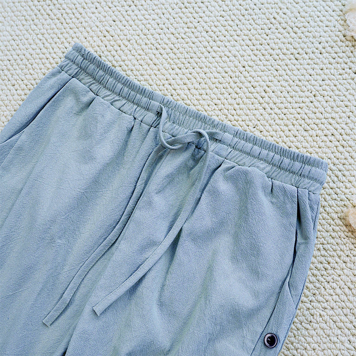 Buddha Stones Sommer-Hose aus schlichtem Patchwork-Design mit Kordelzug aus Baumwolle und Leinen für Damen mit Taschen