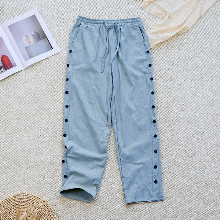 Buddha Stones Sommer-Hose aus schlichtem Patchwork-Design mit Kordelzug aus Baumwolle und Leinen für Damen mit Taschen