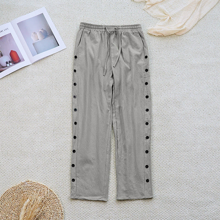Buddha Stones Sommer-Hose aus schlichtem Patchwork-Design mit Kordelzug aus Baumwolle und Leinen für Damen mit Taschen