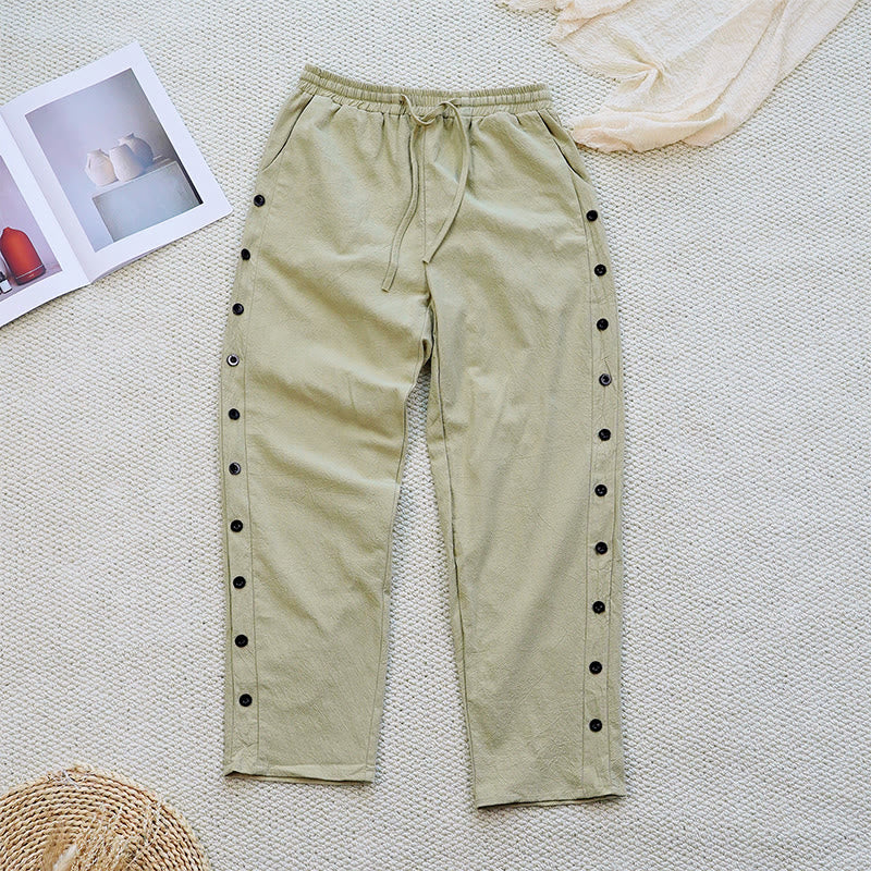 Buddha Stones Sommer-Hose aus schlichtem Patchwork-Design mit Kordelzug aus Baumwolle und Leinen für Damen mit Taschen