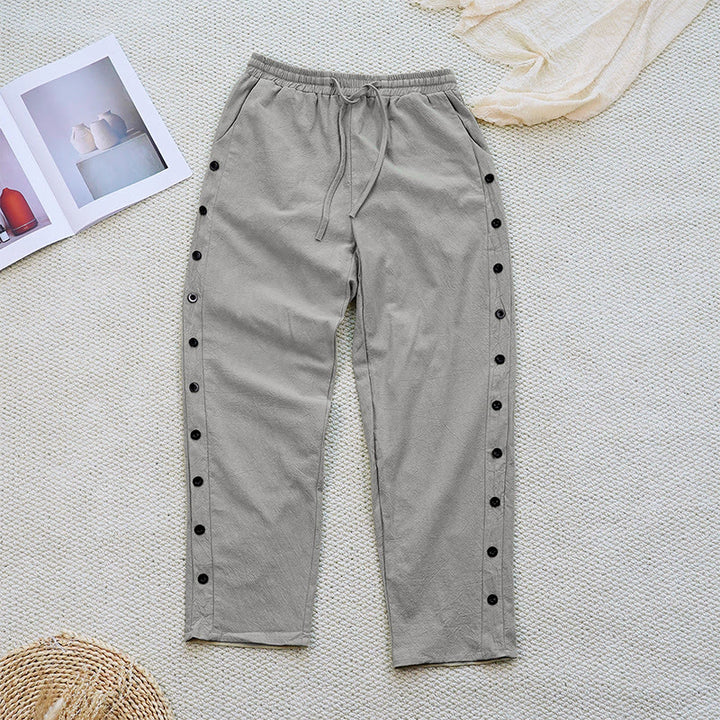 Buddha Stones Sommer-Hose aus schlichtem Patchwork-Design mit Kordelzug aus Baumwolle und Leinen für Damen mit Taschen