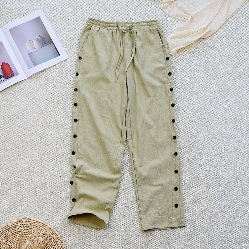 Buddha Stones Sommer-Hose aus schlichtem Patchwork-Design mit Kordelzug aus Baumwolle und Leinen für Damen mit Taschen