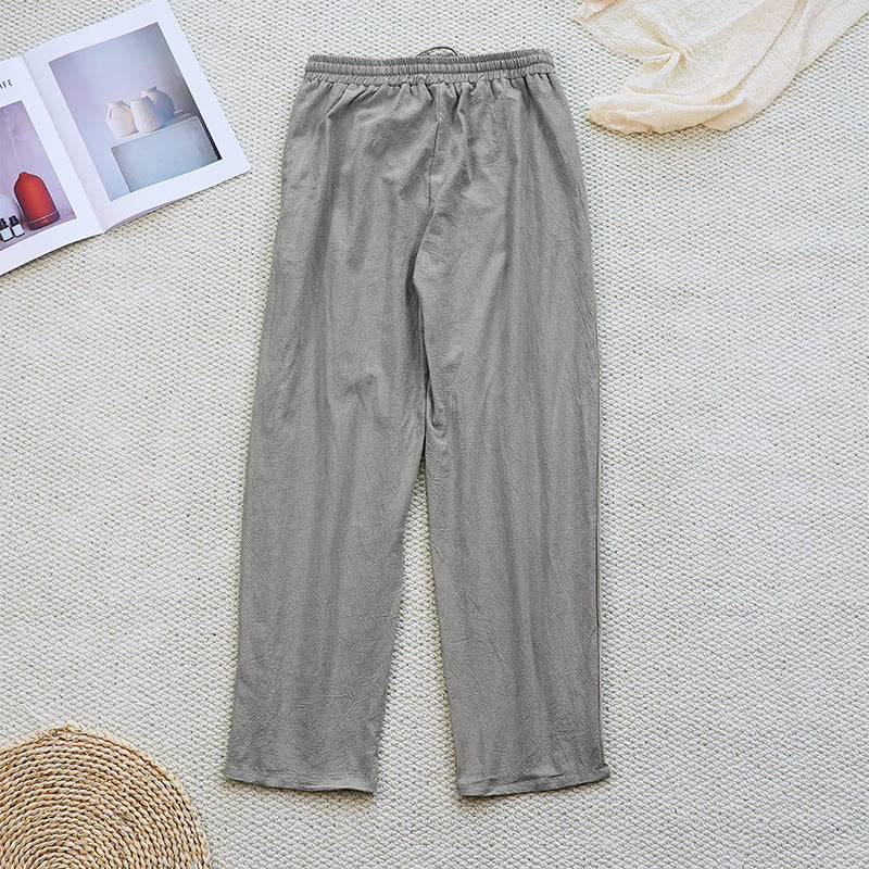 Buddha Stones Sommer-Hose aus schlichtem Patchwork-Design mit Kordelzug aus Baumwolle und Leinen für Damen mit Taschen