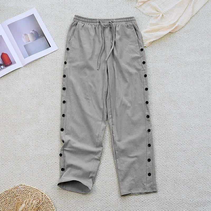 Buddha Stones Sommer-Hose aus schlichtem Patchwork-Design mit Kordelzug aus Baumwolle und Leinen für Damen mit Taschen