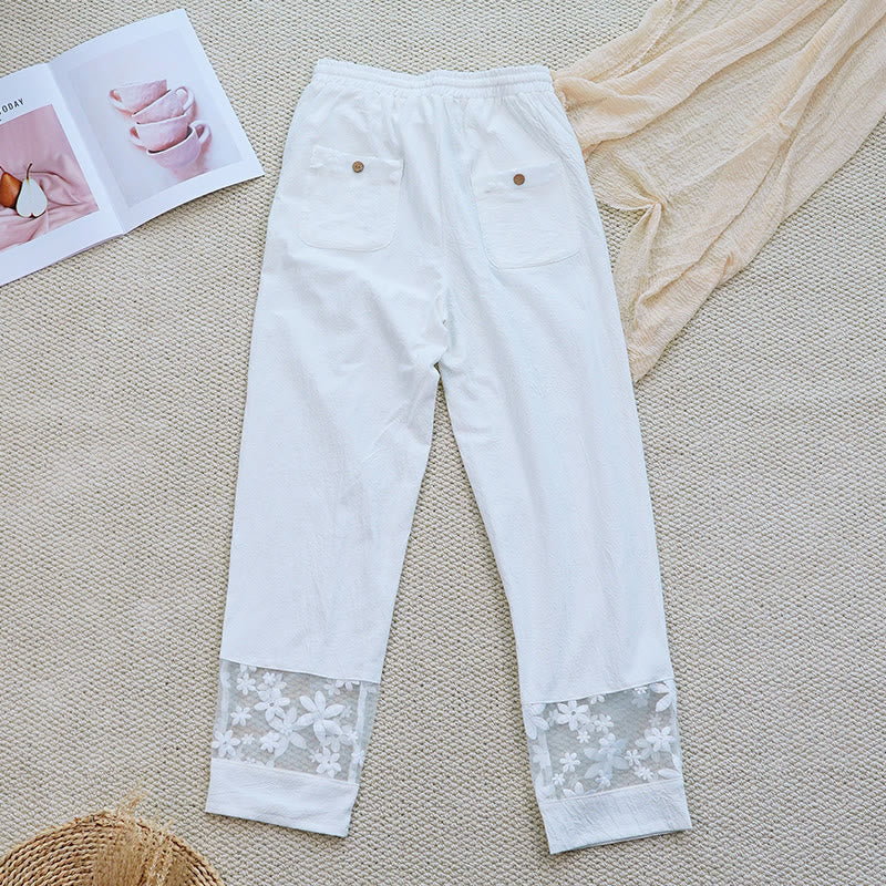 Buddha Stones Sommer Täglich FloralWeiß Plain Patchwork Spitze Design Baumwolle Leinen frauen Hosen Mit Taschen - image 3