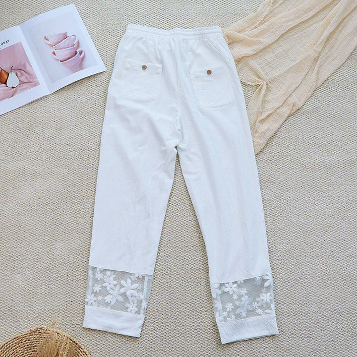 Buddha Stones Sommer Täglich FloralWeiß Plain Patchwork Spitze Design Baumwolle Leinen frauen Hosen Mit Taschen - image 3