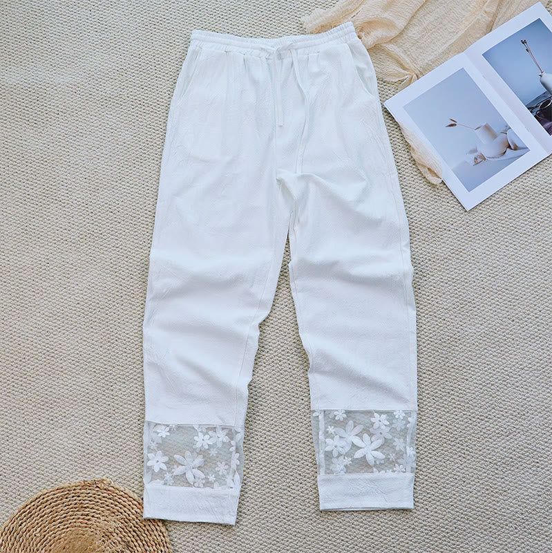 Buddha Stones Sommer Täglich FloralWeiß Plain Patchwork Spitze Design Baumwolle Leinen frauen Hosen Mit Taschen - image 4