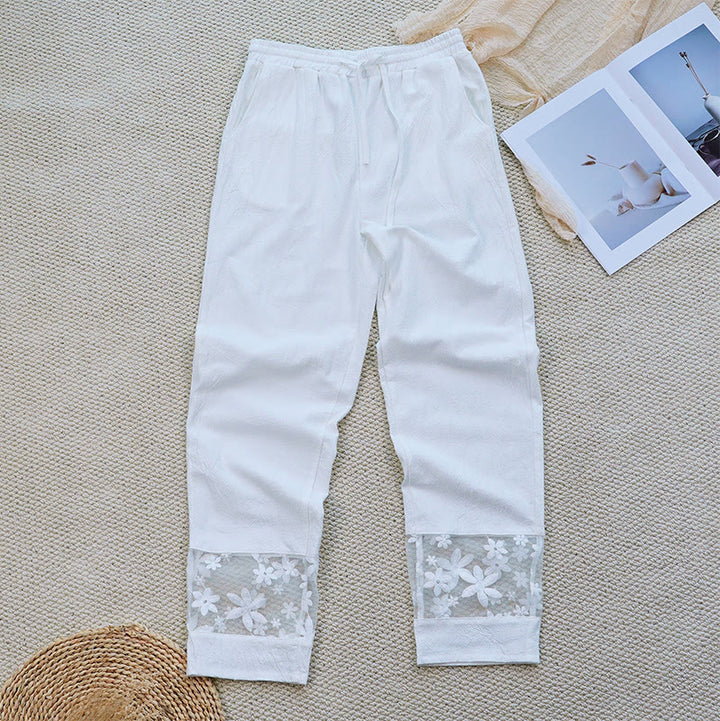 Buddha Stones Sommer Täglich FloralWeiß Plain Patchwork Spitze Design Baumwolle Leinen frauen Hosen Mit Taschen - image 4