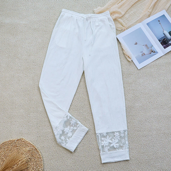 Buddha Stones Sommer Täglich FloralWeiß Plain Patchwork Spitze Design Baumwolle Leinen frauen Hosen Mit Taschen - FloralWeiß - US14, UK/AU18, EU46 (2XL) - image 0