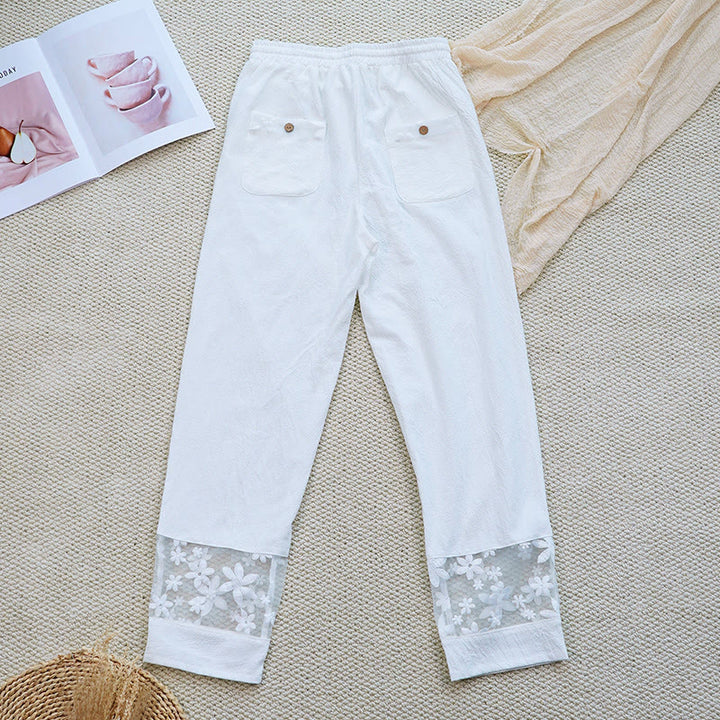 Buddha Stones Sommer Täglich FloralWeiß Plain Patchwork Spitze Design Baumwolle Leinen frauen Hosen Mit Taschen - image 2