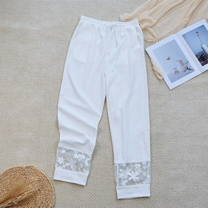 Buddha Stones Sommer Täglich FloralWeiß Plain Patchwork Spitze Design Baumwolle Leinen frauen Hosen Mit Taschen - image 1