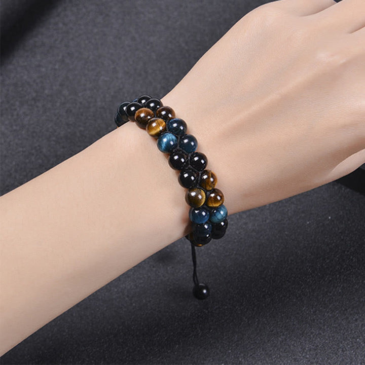 Buddha Stones Natürliches blaues Tigerauge Schwarzer Magnetit Om Muster Doppelreihige Perlen Stärke Armband