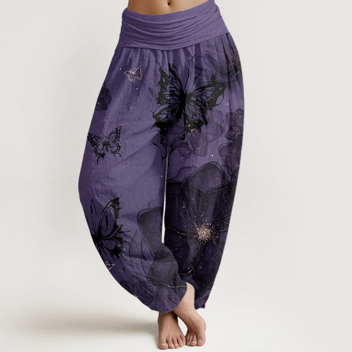 Haremshose mit Buddha Stones, Schmetterlings- und Blumenmuster, elastische Taille für Damen