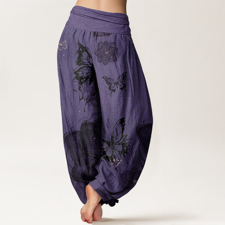 Haremshose aus Baumwolle mit Buddha Stones, Schmetterlings- und Blumenmuster sowie elastischem Bund für Damen - image 1