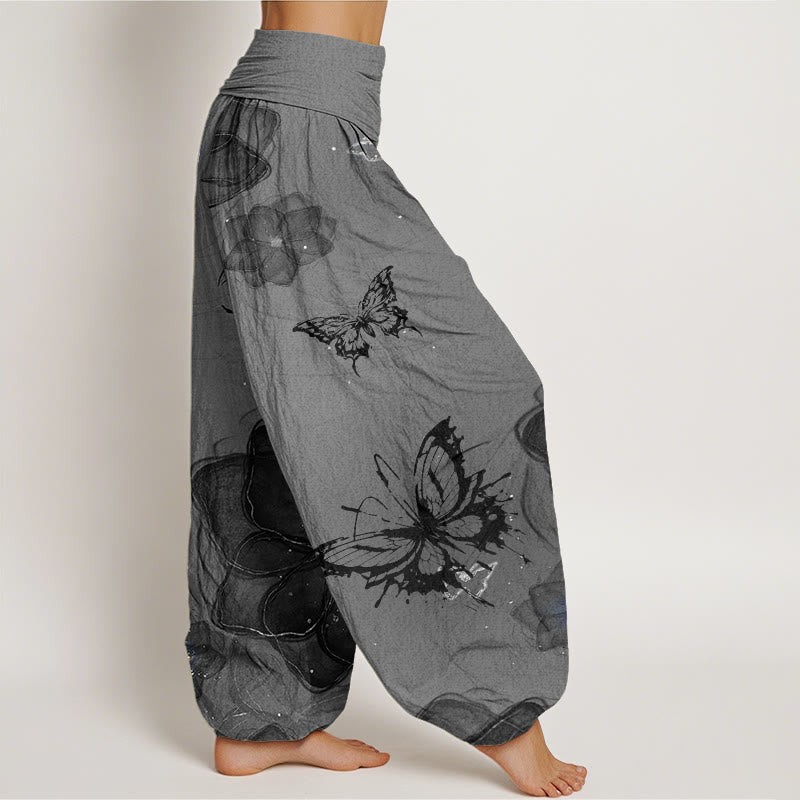 Haremshose mit Buddha Stones, Schmetterlings- und Blumenmuster, elastische Taille für Damen