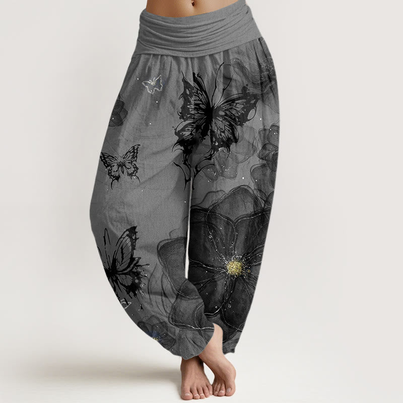 Haremshose aus Baumwolle mit Buddha Stones, Schmetterlings- und Blumenmuster sowie elastischem Bund für Damen - Grau - US22, UK/AU26, EU54 (6XL) - image 4