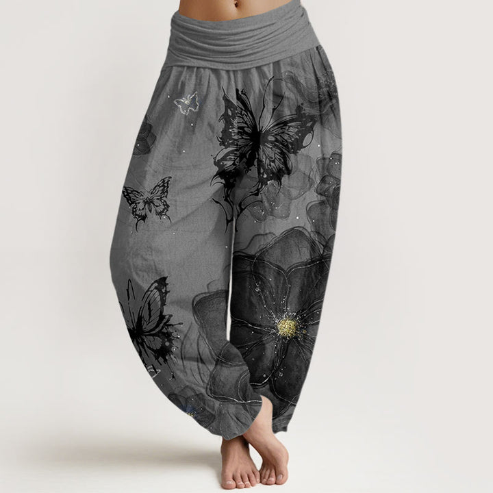 Haremshose aus Baumwolle mit Buddha Stones, Schmetterlings- und Blumenmuster sowie elastischem Bund für Damen - Grau - US22, UK/AU26, EU54 (6XL) - image 4