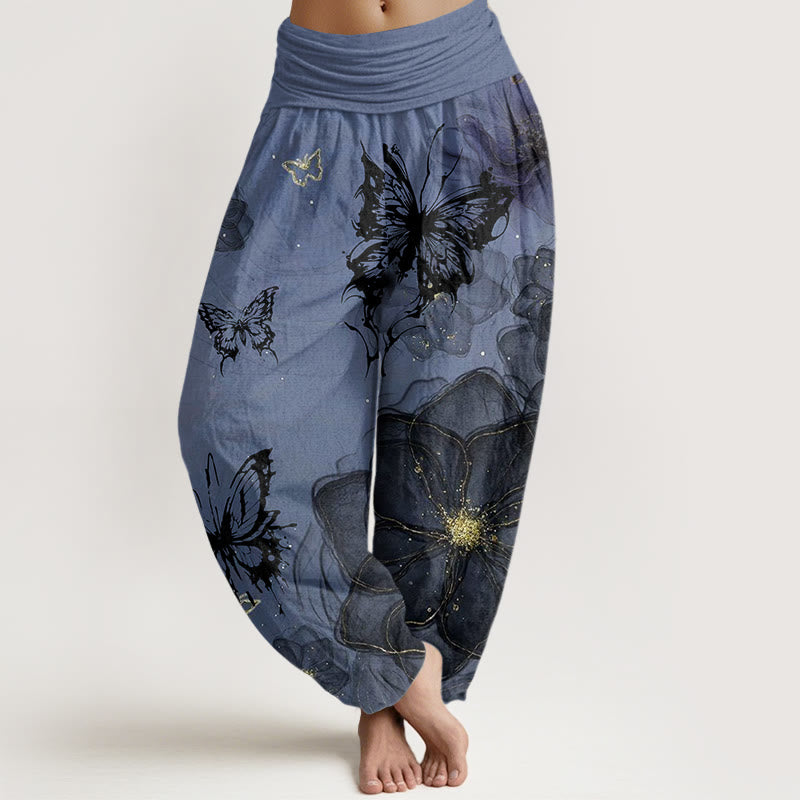 Haremshose mit Buddha Stones, Schmetterlings- und Blumenmuster, elastische Taille für Damen