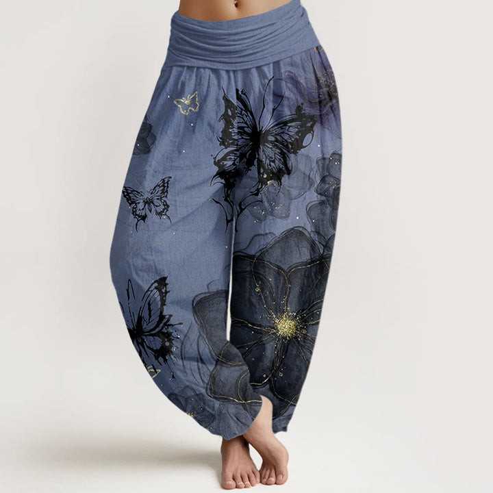 Haremshose mit Buddha Stones, Schmetterlings- und Blumenmuster, elastische Taille für Damen