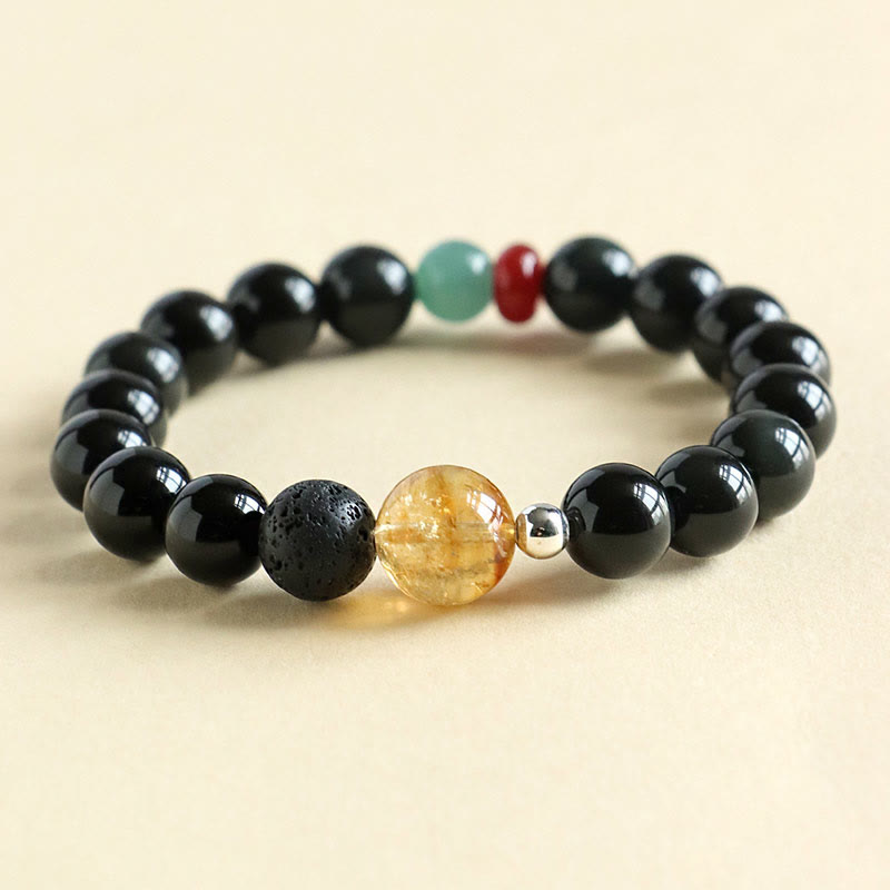 Buddha Stones Armband aus natürlichem schwarzem Obsidian mit Perlen für Kraft und Erfüllung