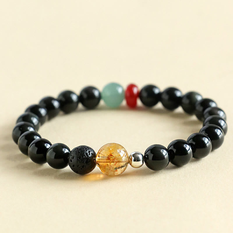 Buddha Stones Armband aus natürlichem schwarzem Obsidian mit Perlen für Kraft und Erfüllung