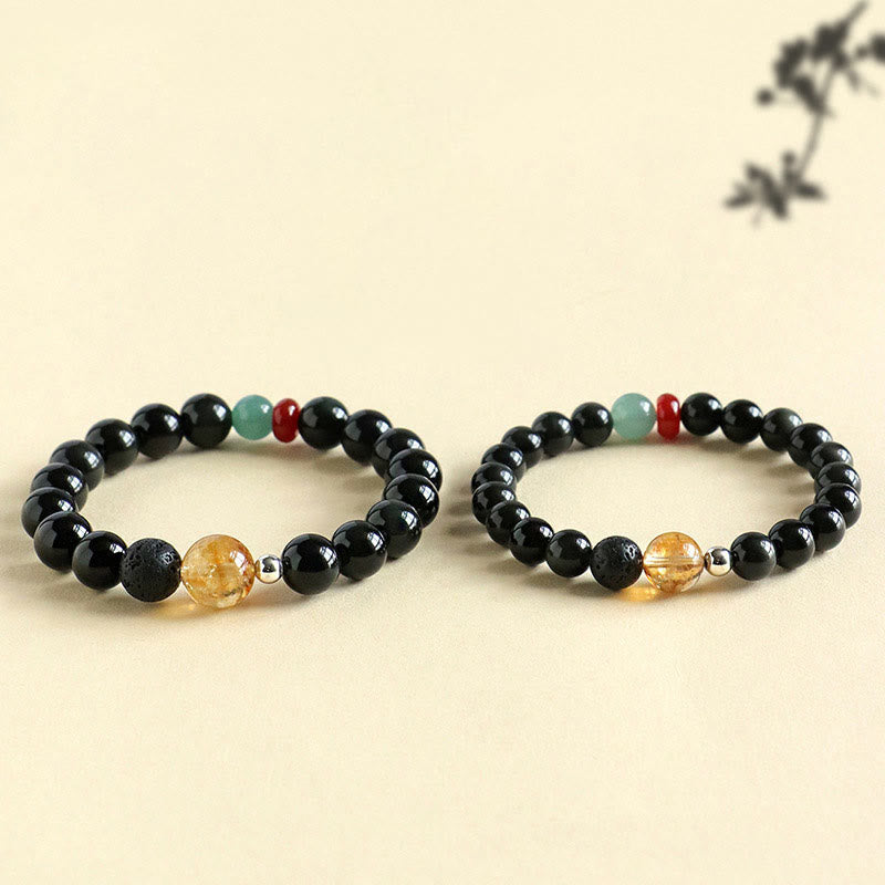 Buddha Stones Armband aus natürlichem schwarzem Obsidian mit Perlen für Kraft und Erfüllung