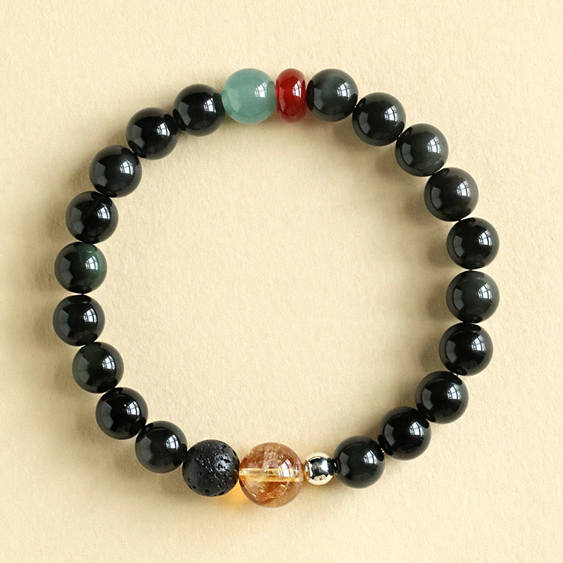Buddha Stones Armband aus natürlichem schwarzem Obsidian mit Perlen für Kraft und Erfüllung
