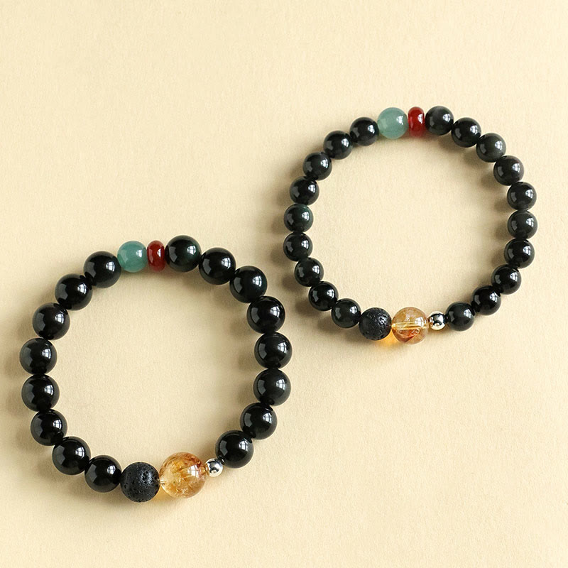 Buddha Stones Armband aus natürlichem schwarzem Obsidian mit Perlen für Kraft und Erfüllung