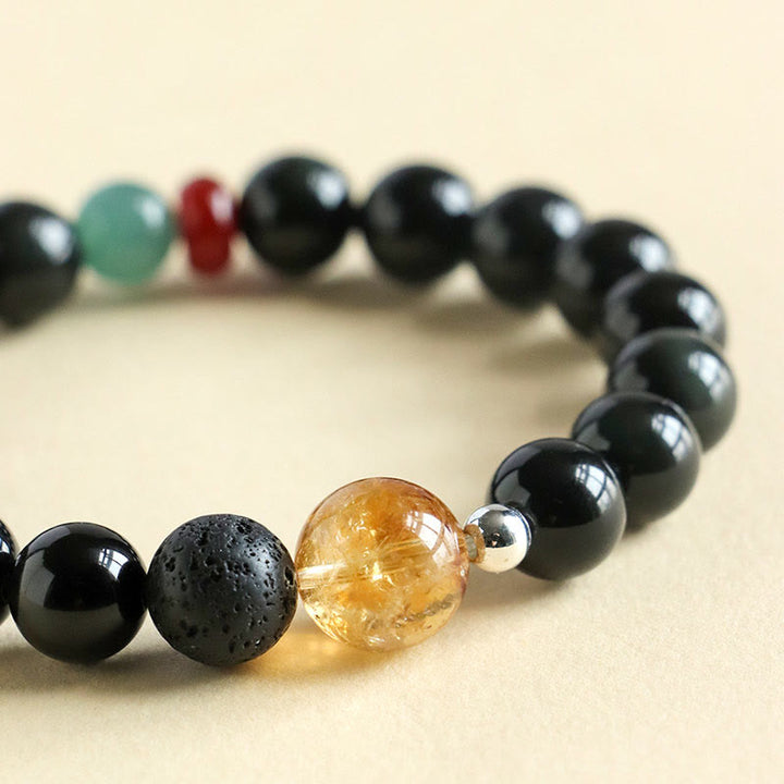 Buddha Stones Armband aus natürlichem schwarzem Obsidian mit Perlen für Kraft und Erfüllung