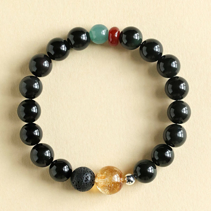 Buddha Stones Armband aus natürlichem schwarzem Obsidian mit Perlen für Kraft und Erfüllung