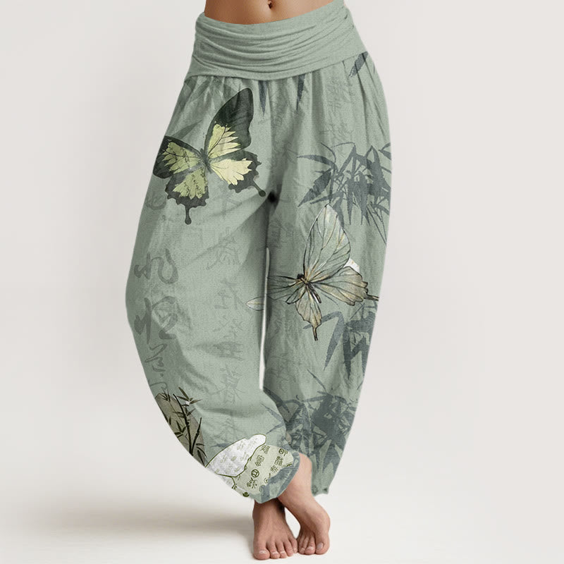 Haremshose mit elastischer Taille für Damen, Buddha Stones, Schmetterling, Bambusblätter, chinesische Schriftzeichen - DunkelMeergrün - US22， UK/AU26，EU54 (6XL) - image 5
