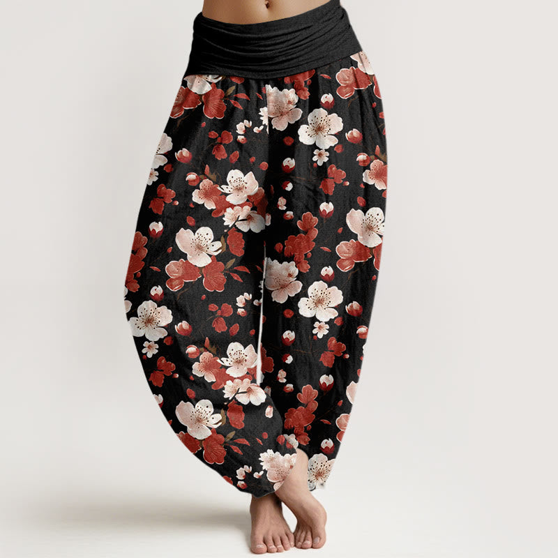 Buddha Stones Pink Rot Pfirsichblüten Design Damen Haremshose mit elastischer Taille - Schwarz - US22， UK/AU26，EU54 (6XL) - image 1